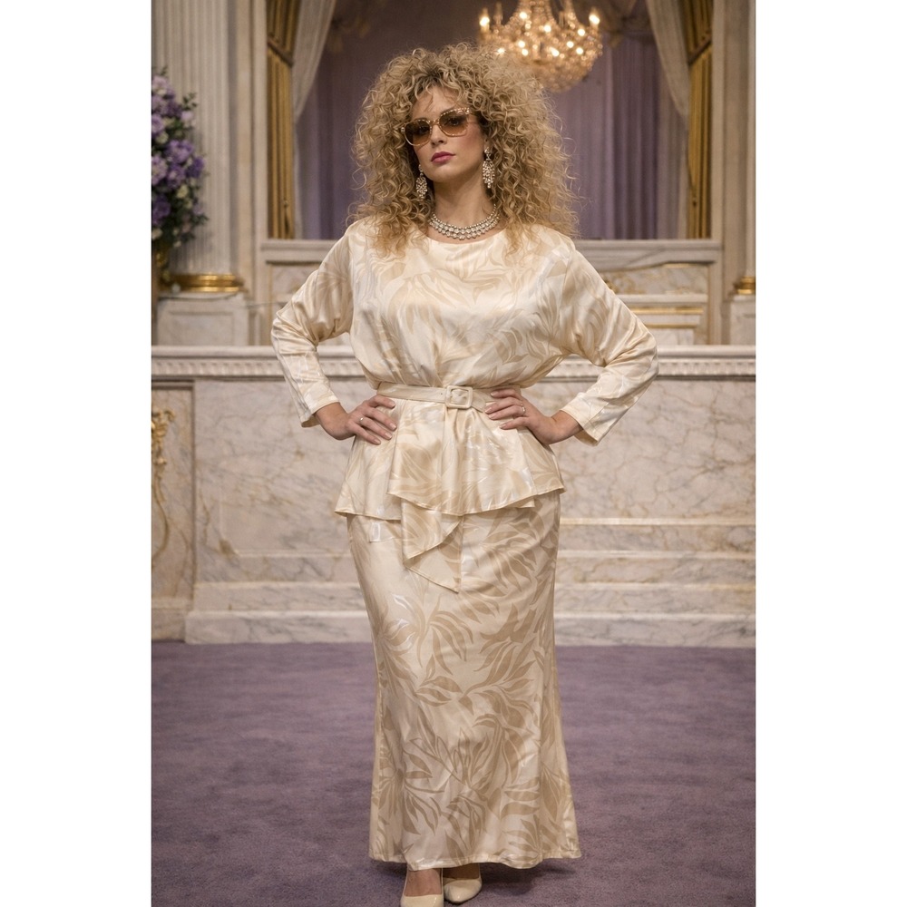 Regina Kravitz‎ New York Vintage Cream Leaf Jacquard Peplum Belted Dress Size 6